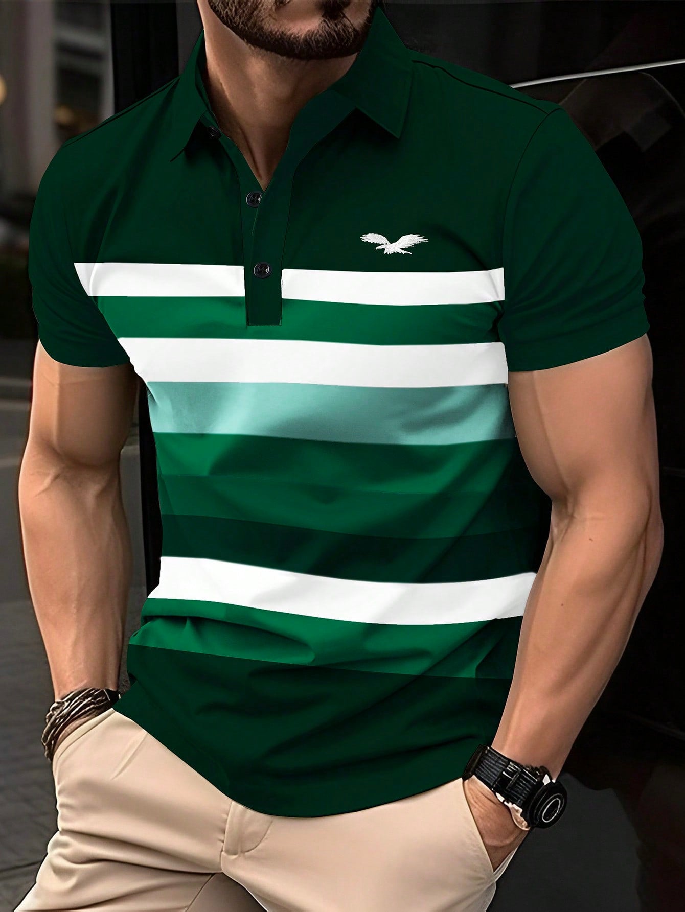 Men's Fashion Contrast Color Striped Short-Sleeved Polo Shirt