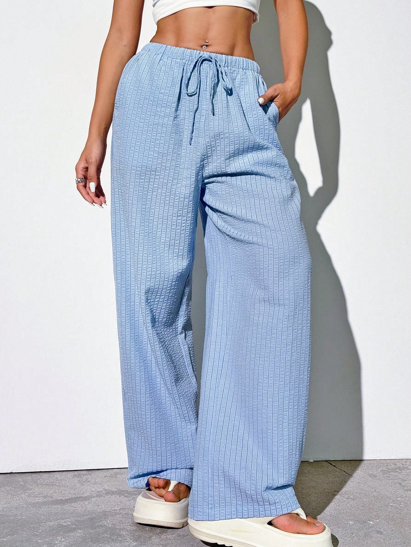 White Woven Women's Wide-Leg Pants