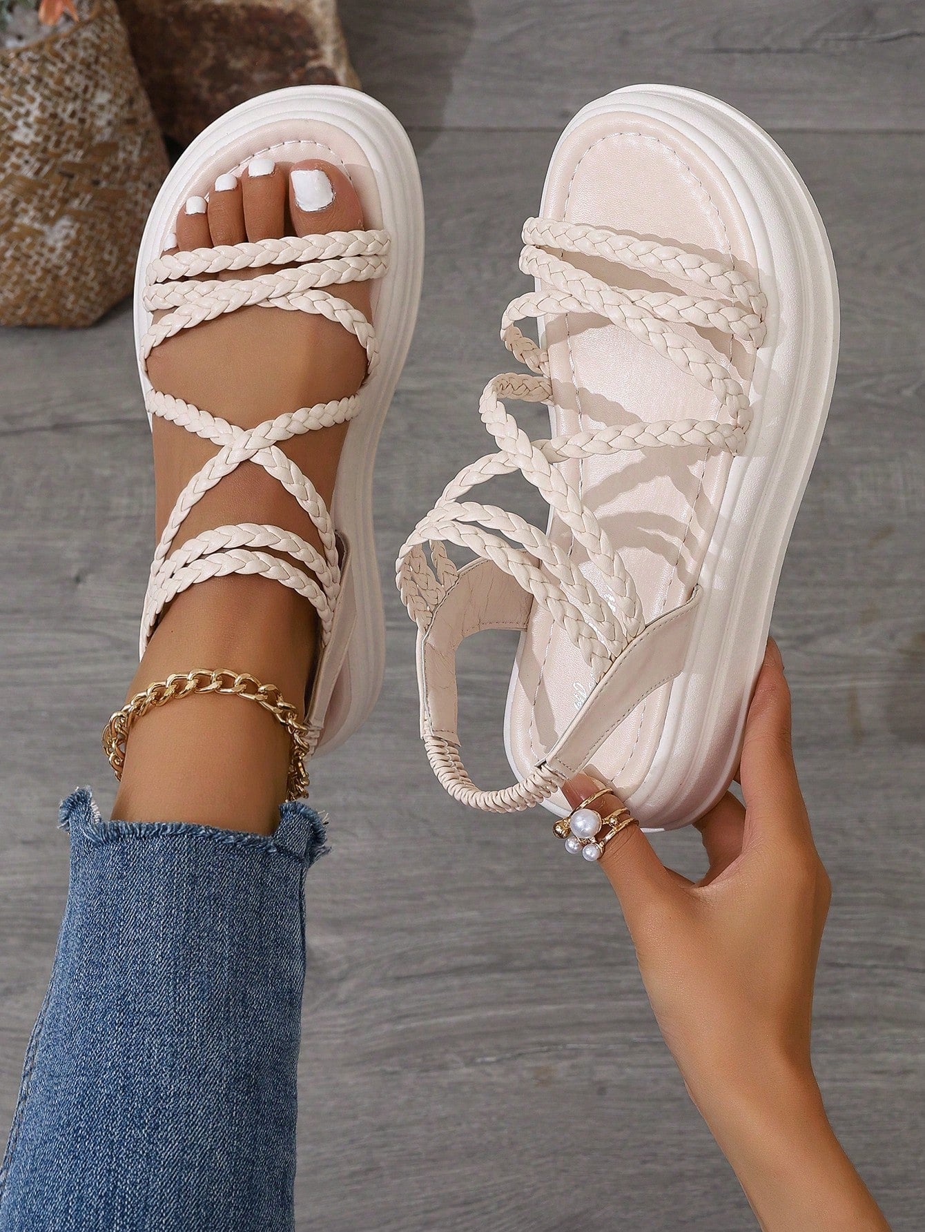 Women's Bohemian Style Rhinestone Woven Platform Sandals, Summer Casual Beach Roman Style Shoes