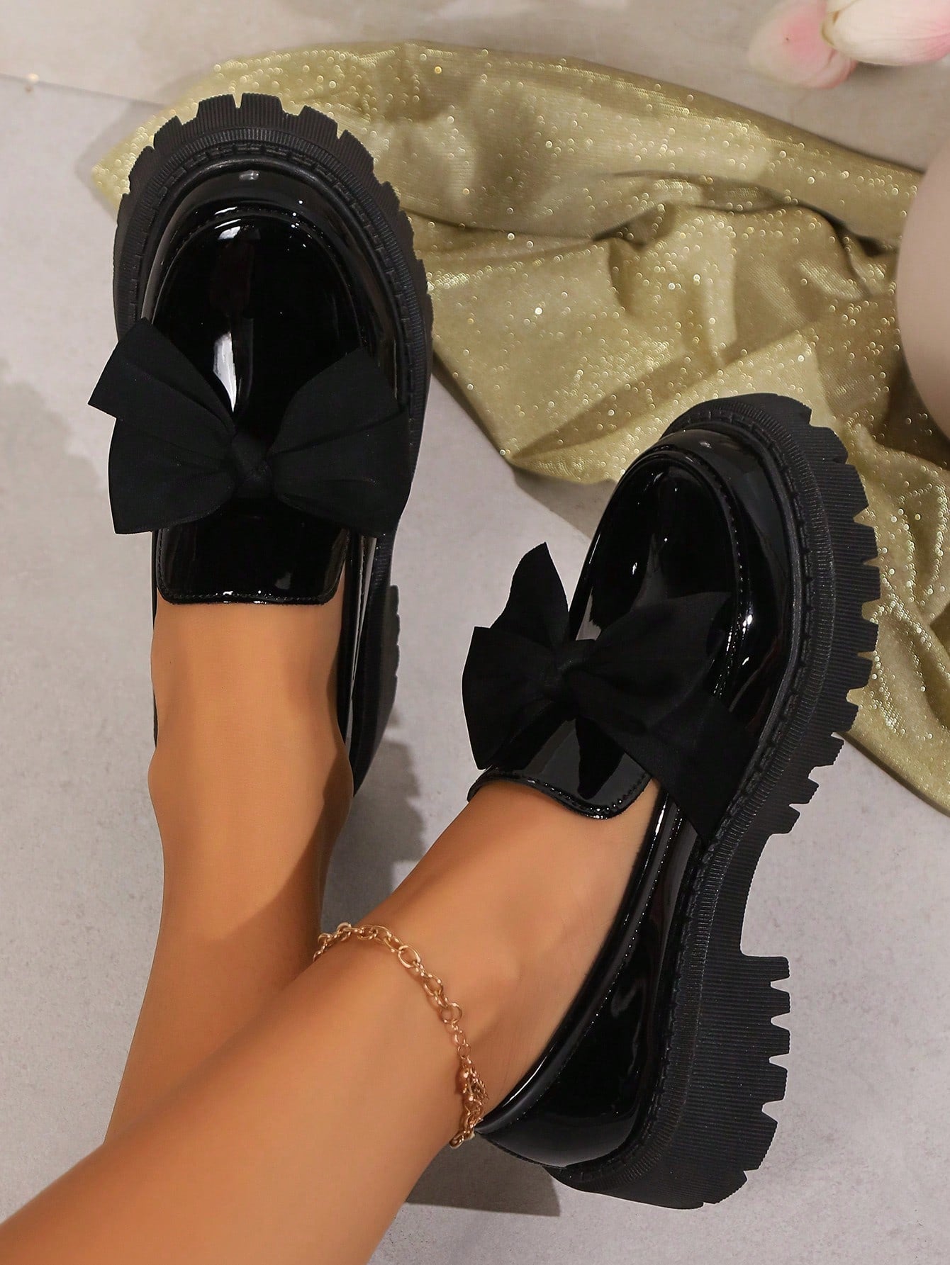 Black Wedges Thick Sole Loafers With Bow, Cloth Pattern, Chinese Style Slip-On, Casual Vintage Round-Toe Shoe