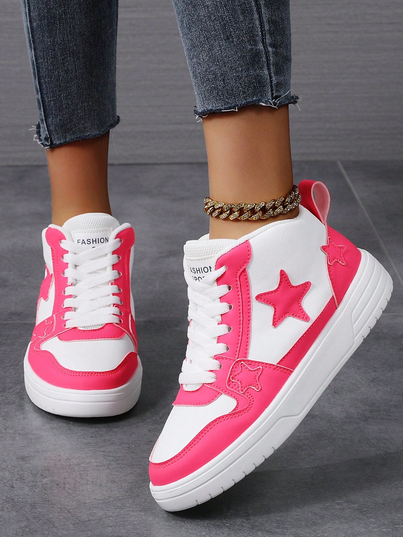 Casual Women's Shoes Pink Color-Block Front Tie Fashionable High Top Sneakers Woman Sports Shoes