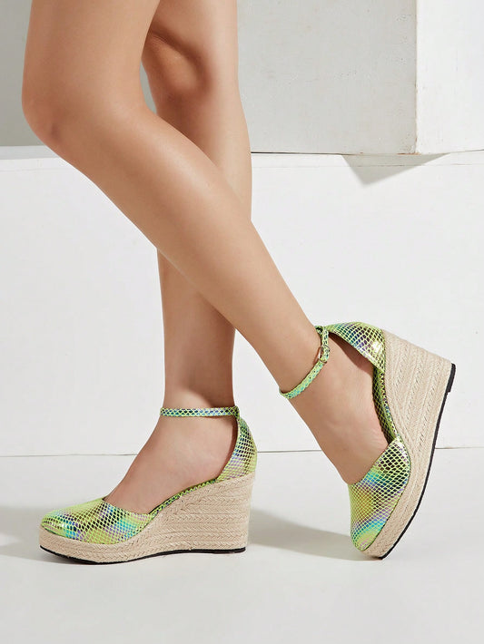 Multicolor Woven Jute Bottom Hollow Out Women's Wedge & Thick Sole Sandals, Vacation Style. The Color Of The Textured Pattern Varies Randomly.