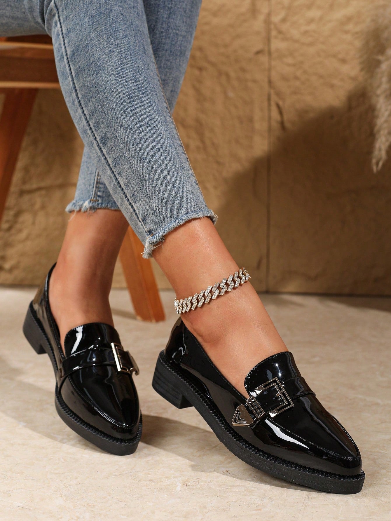 Women's Fringed Black Mary Jane Shoes With Thick Soles, Pointed Toes And Chunky Heels