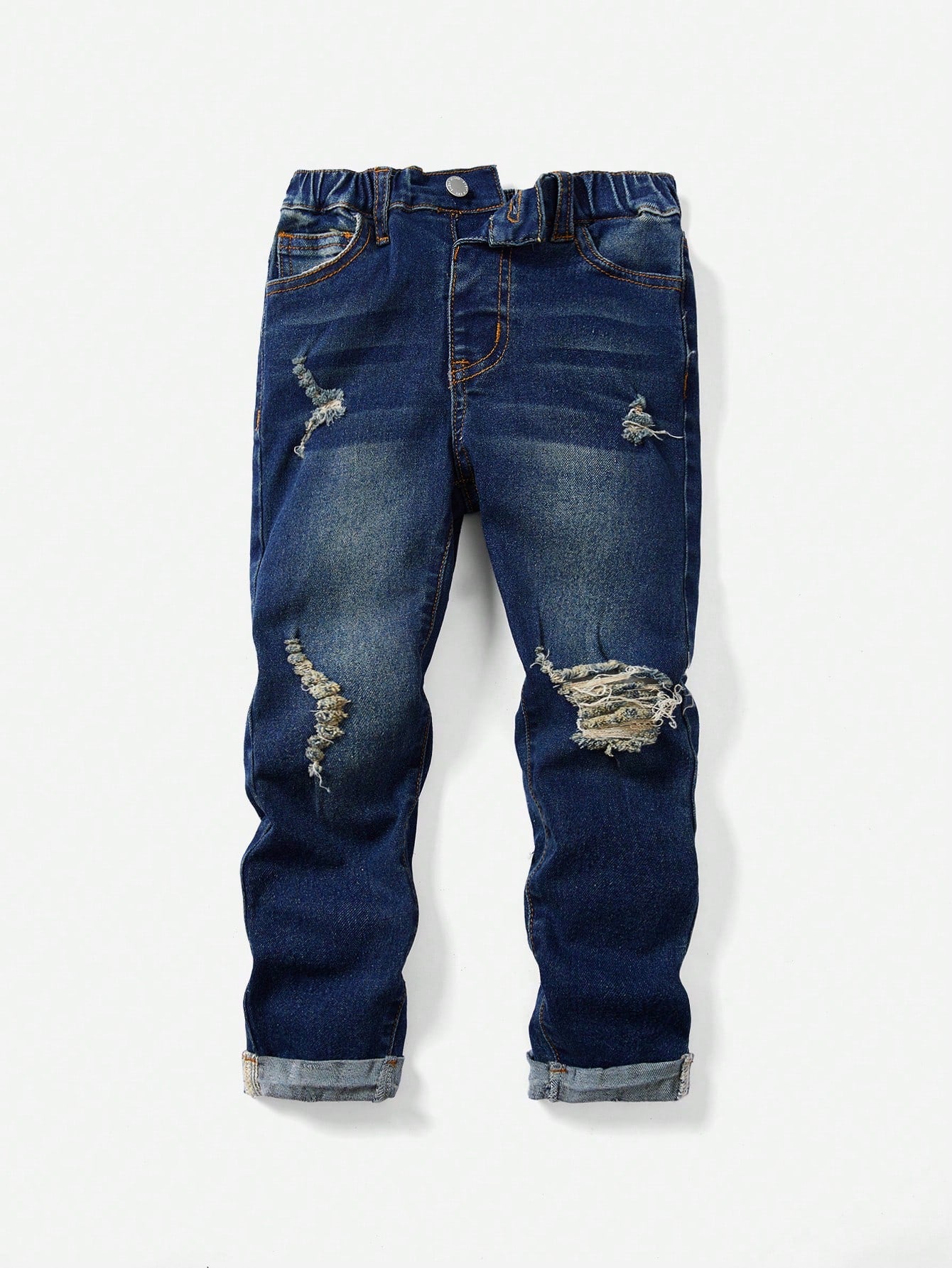 Young Boy Elastic Waist Distressed Straight Leg Jeans With Pockets