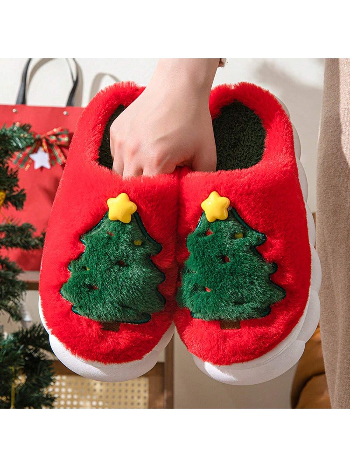 Christmas Tree Patterned Thick Sole Anti-Slip Home Slippers, Autumn And Winter Men's And Women's Slippers, 2024 Christmas New Arrival