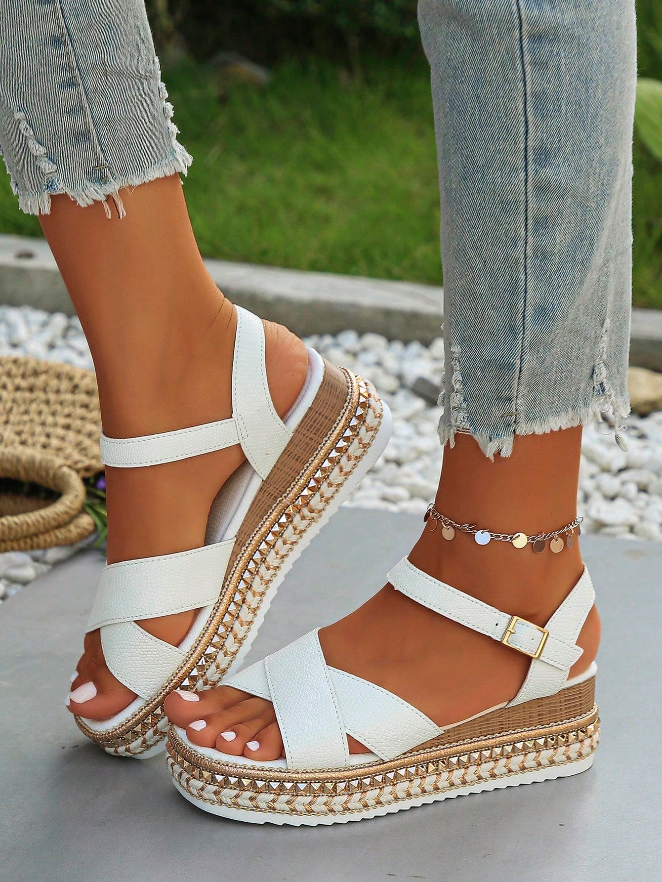 Women's Plus Size Summer Espadrille Wedge Sandals, Thick Bottom, Daily Wear, Black, Bowknot Buckle, Platform Wedge Heels