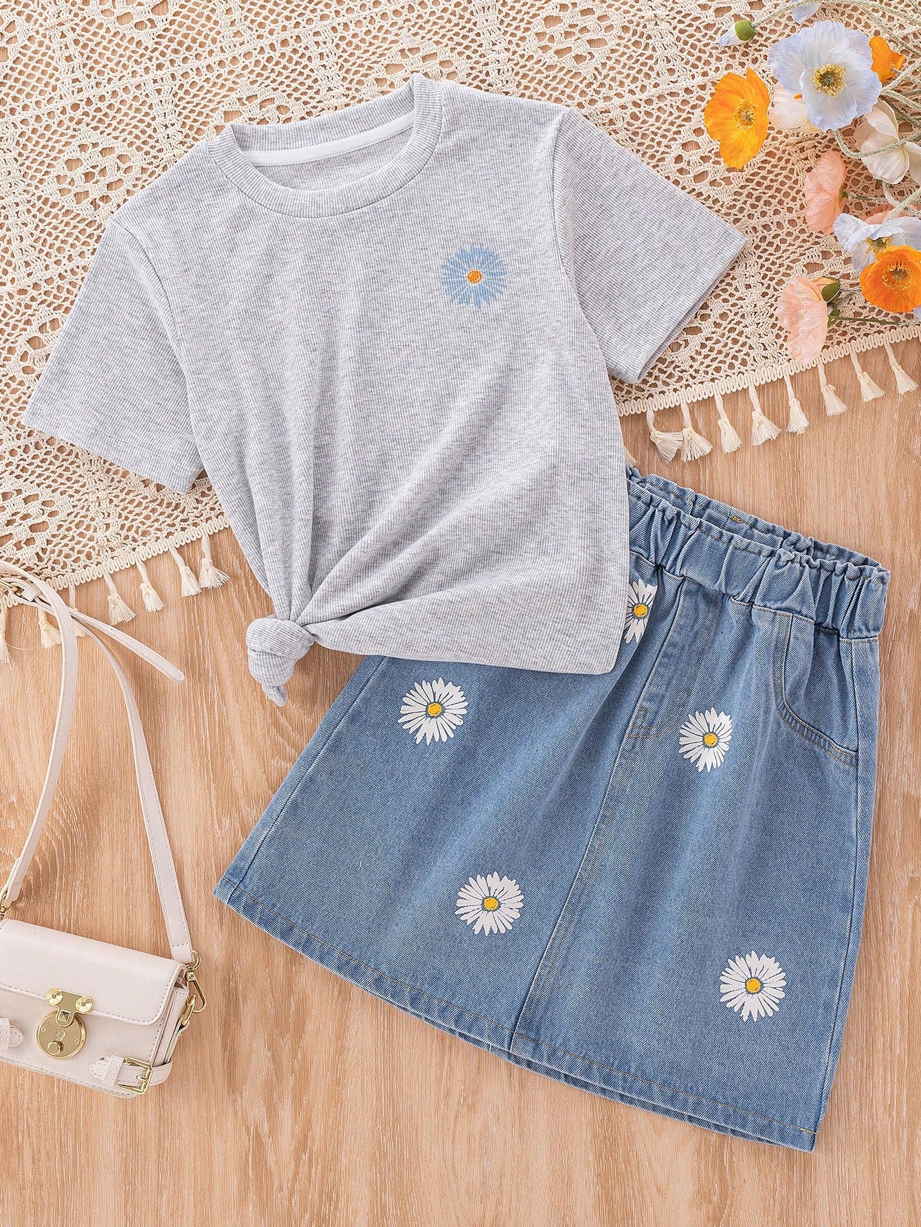 Tween Girl Daisy Printed T-Shirt & Denim Skirt 2pcs/Set