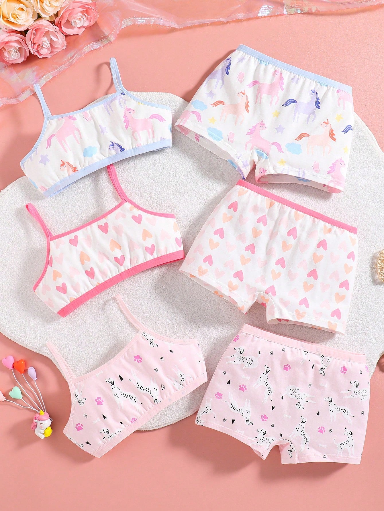 Young Girl Cute Unicorn & Flamingo Pattern Underwear Set, 3 Pieces