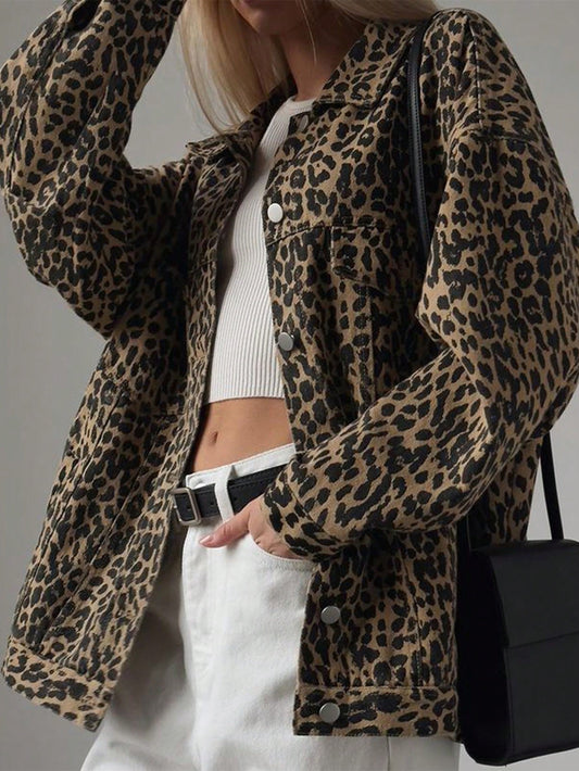 Leopard Print Drop Shoulder Coat For Spring & Autumn