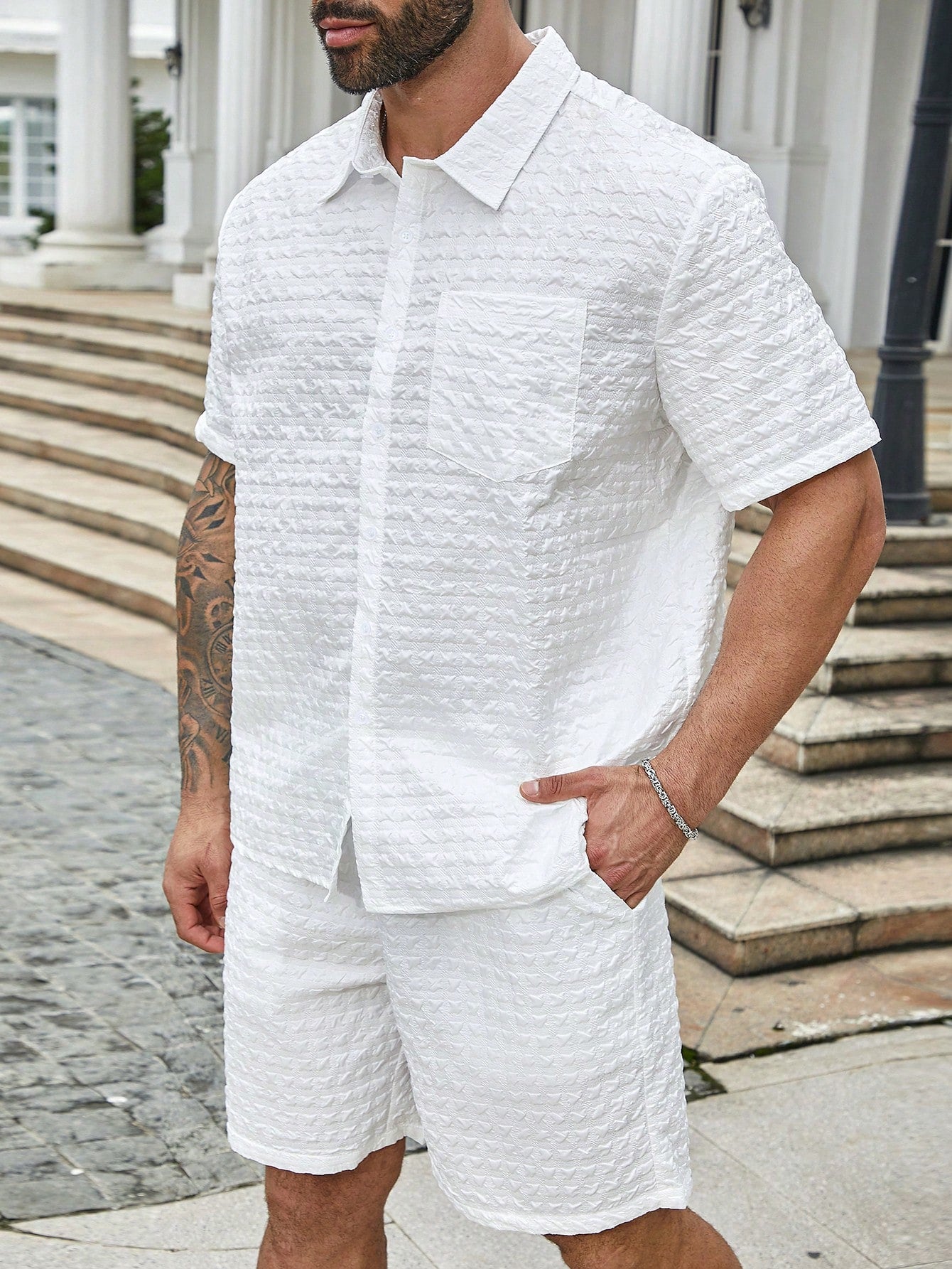 Men's Plus Size Summer Casual Solid Color Short Sleeve Button Up Shirt And Shorts Set