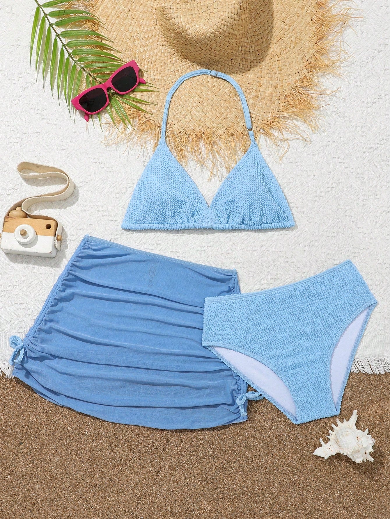 Teenage Girls' Solid Color Triangle Halter Bikini Set With Mesh Beach Skirt