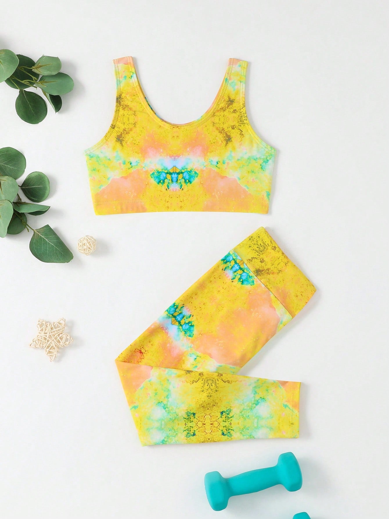 Little Girls' Colorful Psychedelic Printed Sportswear Set Designed For Yoga, Fitness, Running, Cycling, Breathable And Comfortable, Sleeveless Crop Top And Slim Fit Long Pants