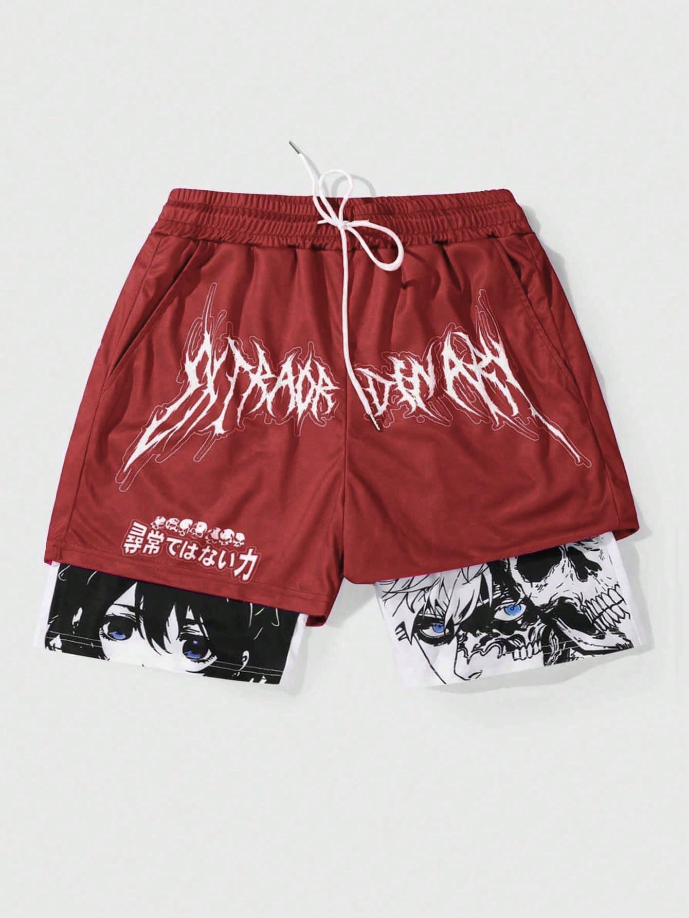 Anime Men's 2 In 1 Breathable With Slogan Print Basketball Mesh Shorts, Suitable For Daily Wear In Spring And Summer, School