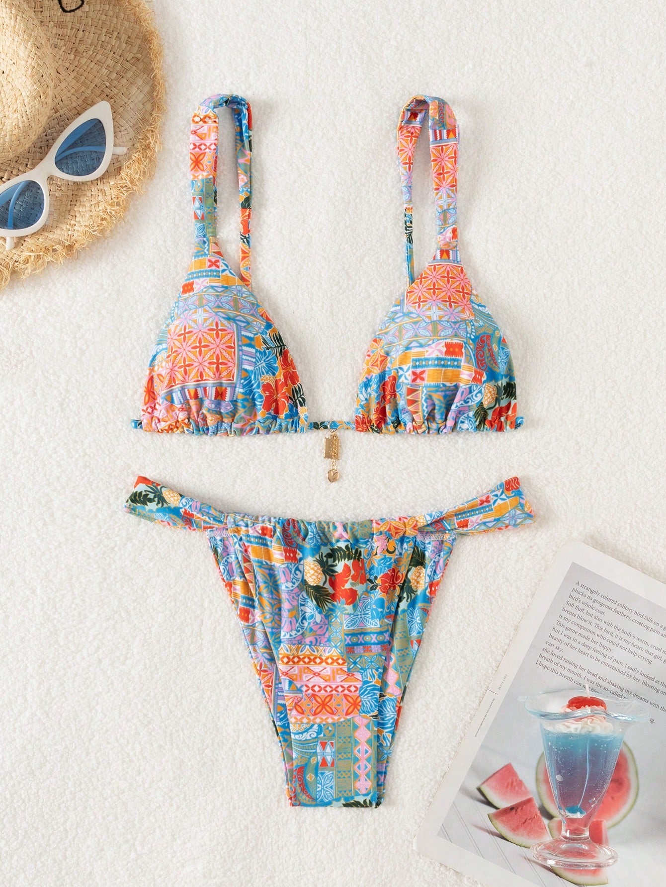 Women's Tropical Plant Printed Sexy Bikini Set For Summer Beach, Two-Piece