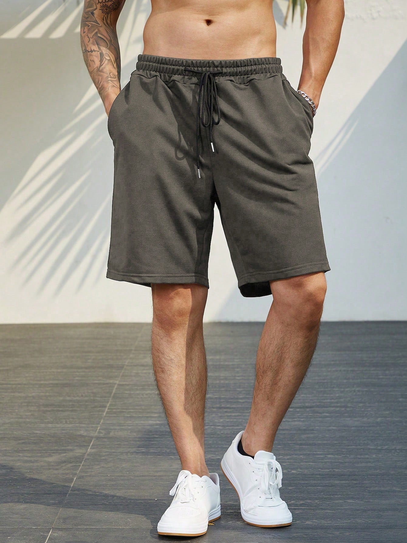 Men Plus Solid Drawstring Waist Shorts Sweat Plain Black Size