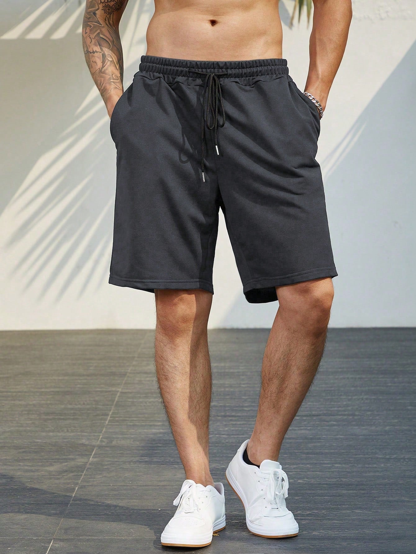 Men Plus Solid Drawstring Waist Shorts Sweat Plain Black Size