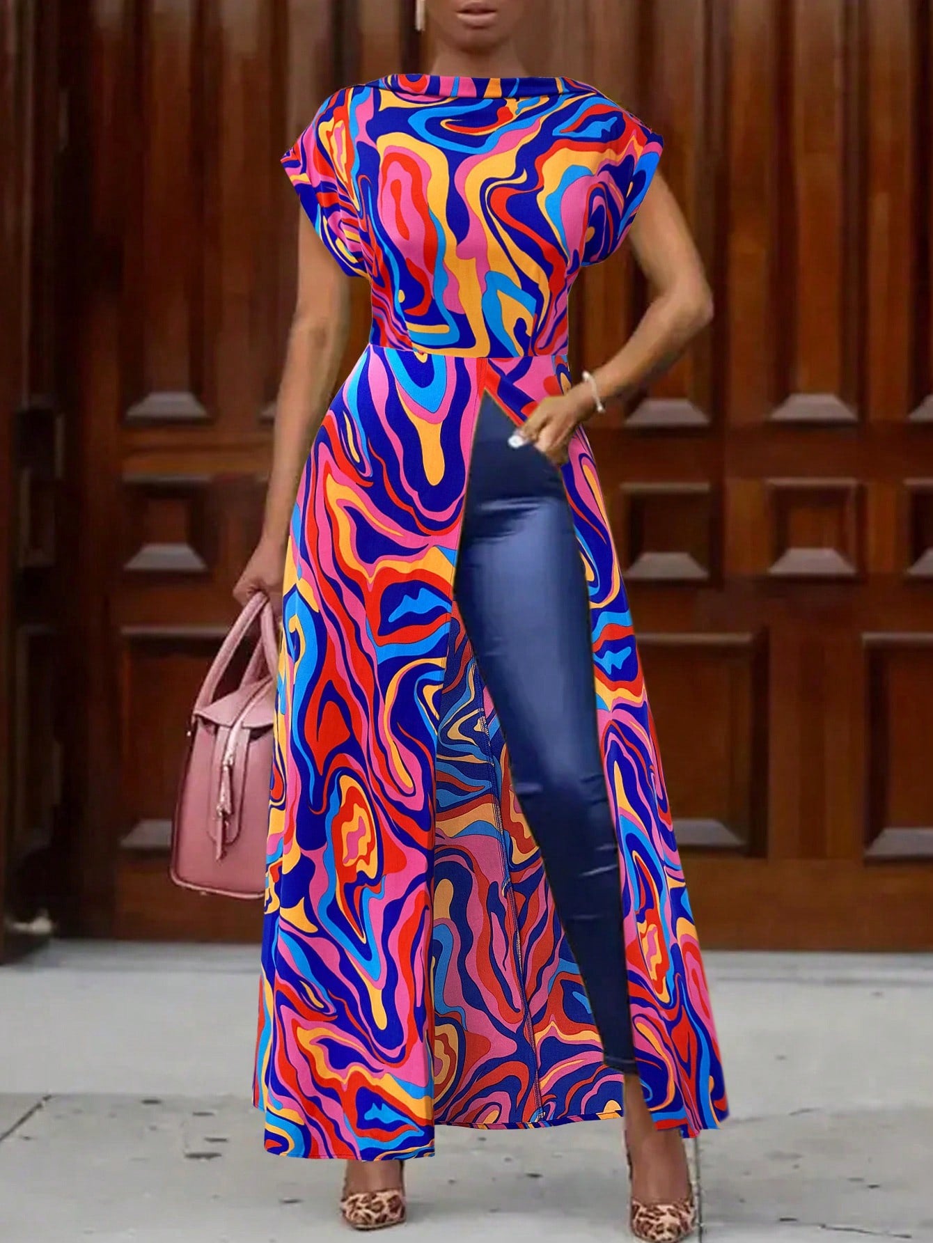 Ladies Long Sleeve Slit Open Colorful Geometric Printed Shirt