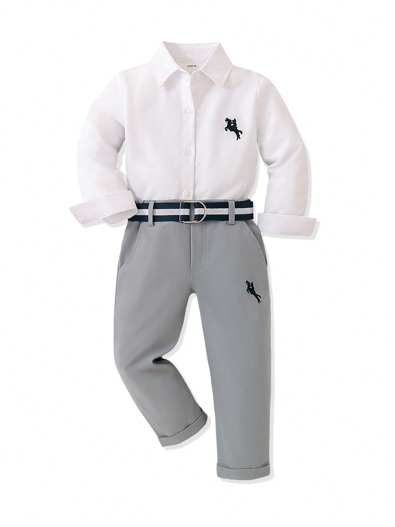 Blossomsprite Kids Young Boy Casual Horse Embroidery Long Sleeve Shirt And Pants Set For Daily Wear