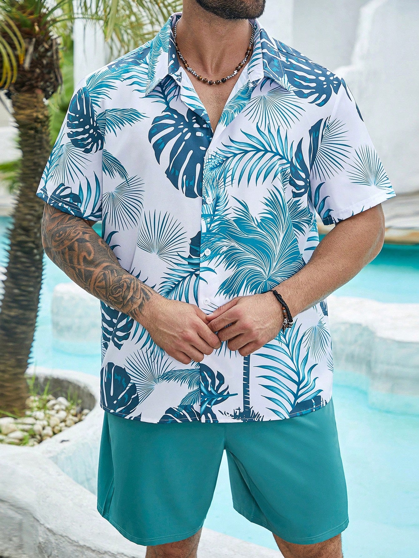 Men's Plus Size Tropical Plant Printed Short Sleeve Shirt And Shorts Casual Outfit, Summer Vacation