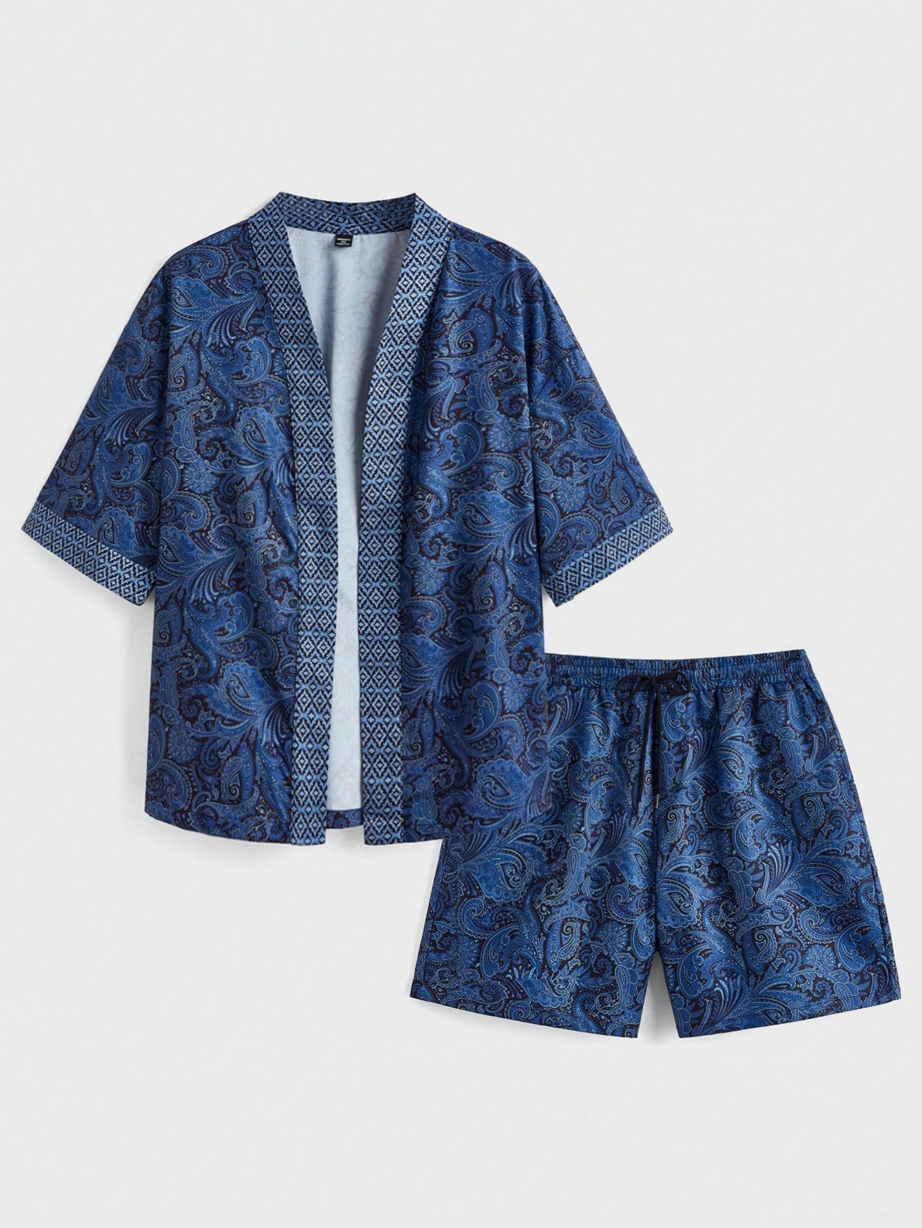 Men Plus Paisley Print Kimono & Drawstring Waist Shorts