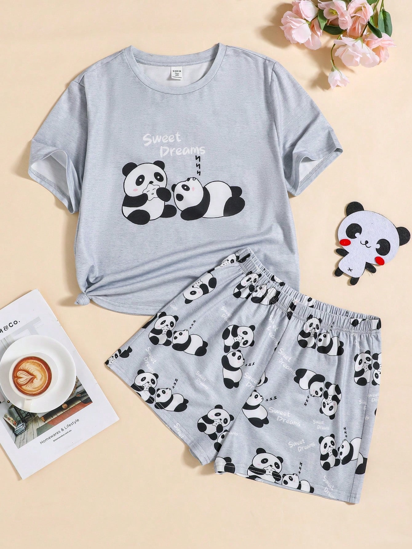 Teen Girl Cute Panda Pattern Short Sleeve Top And Shorts Loose Casual Homewear Pajama Set, Summer