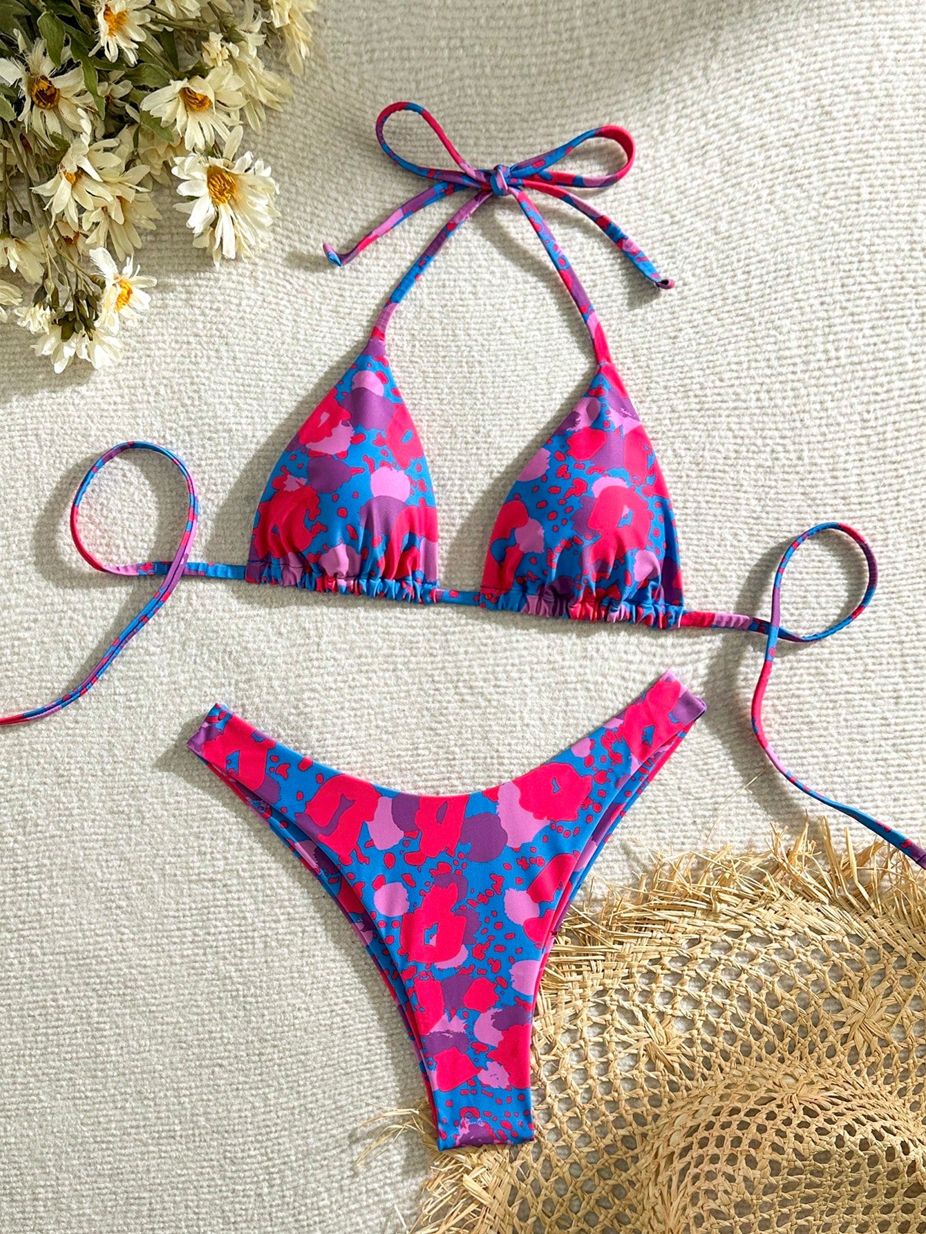 Swim Summer Beach Ladies' Random Printed Halter Neck Bikini Set For Vacation And Beach