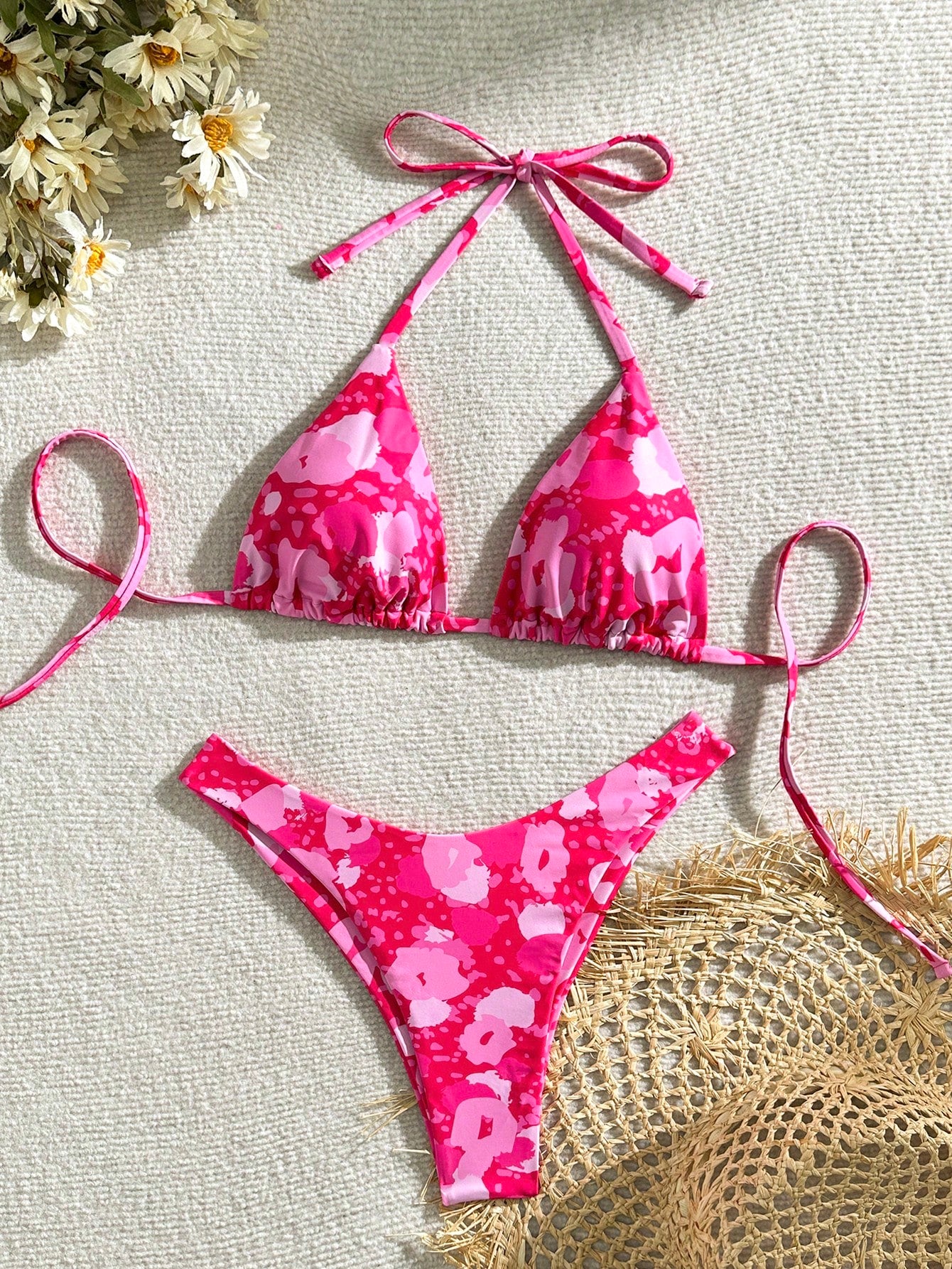 Swim Summer Beach Ladies' Random Printed Halter Neck Bikini Set For Vacation And Beach