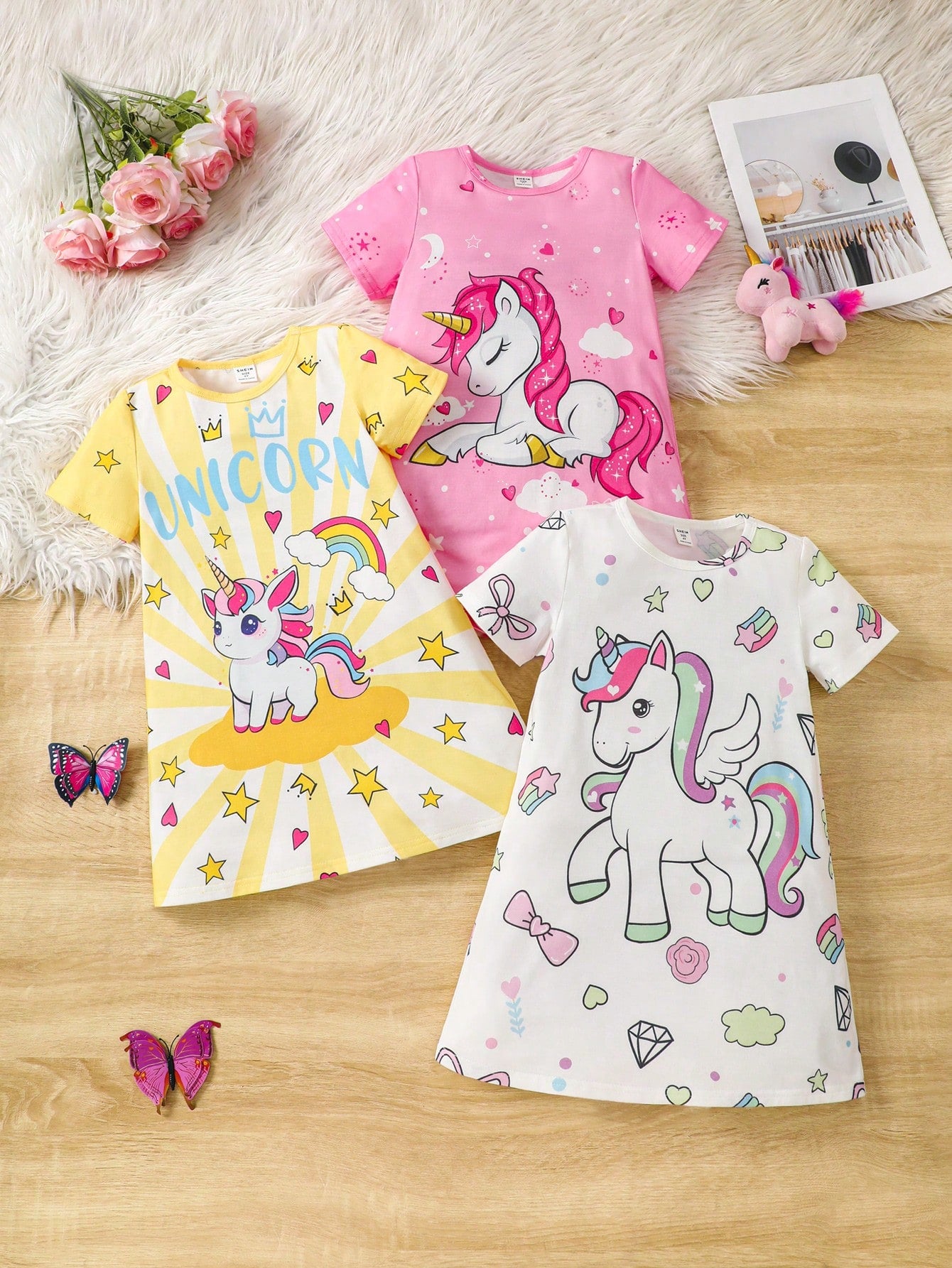 3pcs Young Girl's Unicorn Flying Sleeve Knitted Comfortable Loose Flame Retardant Nightgowns For Summer