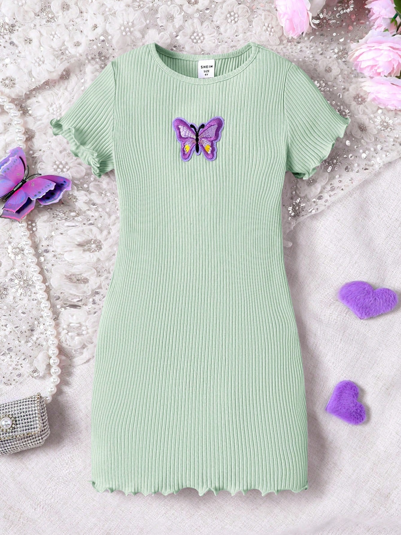 Tween Girl Basic Casual Knitted Butterfly Patch A-Line Dress, Spring/Summer