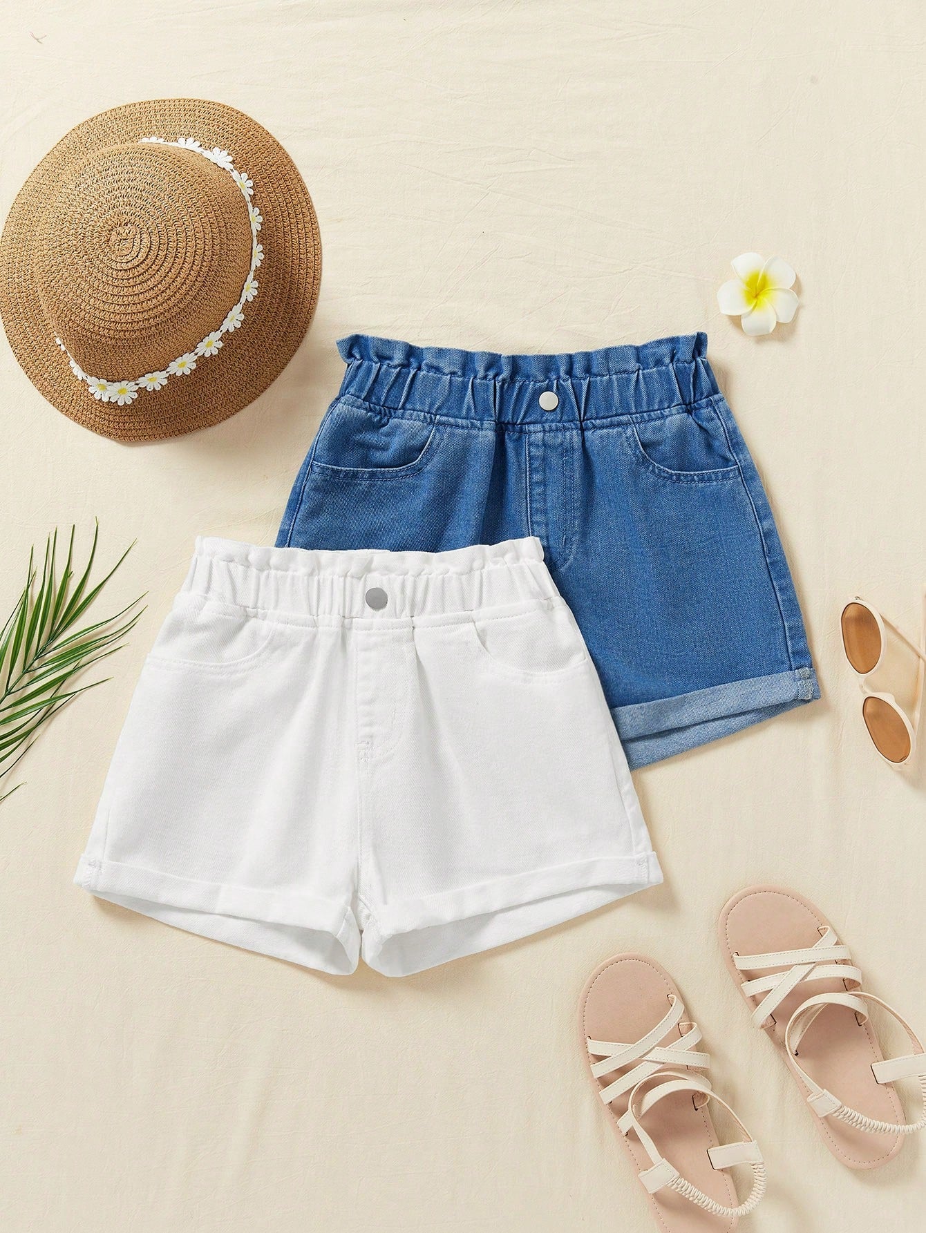 Tween Girl 2pcs/Set Spring & Summer Boho Casual Slant Pocket Ruffled Elastic Waist Soft Denim Jeans Shorts In Multiple Colors,Girls Summer Clothes Outfits