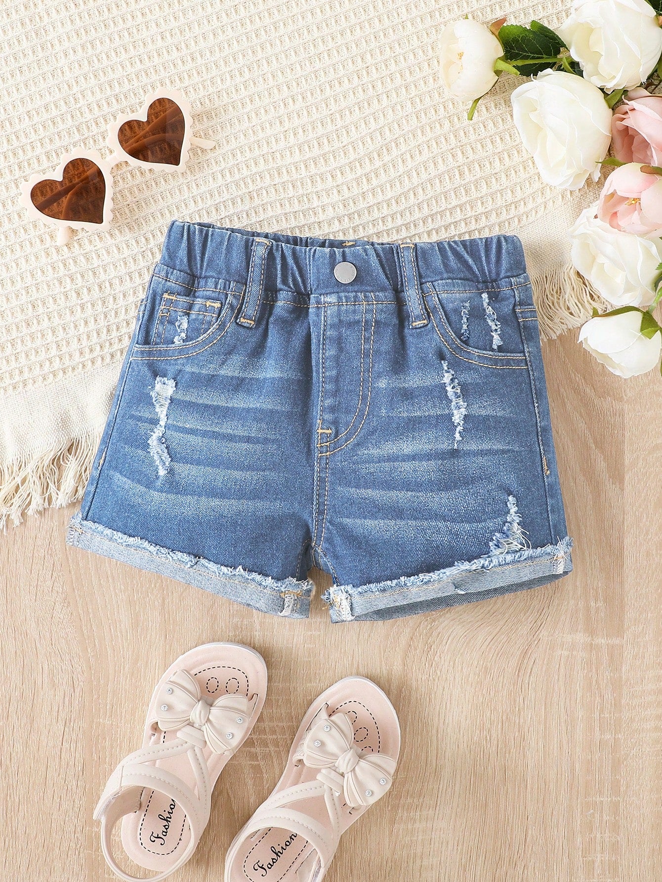 Young Girl Toddler Girls Ripped Roll Up Hem Denim Shorts