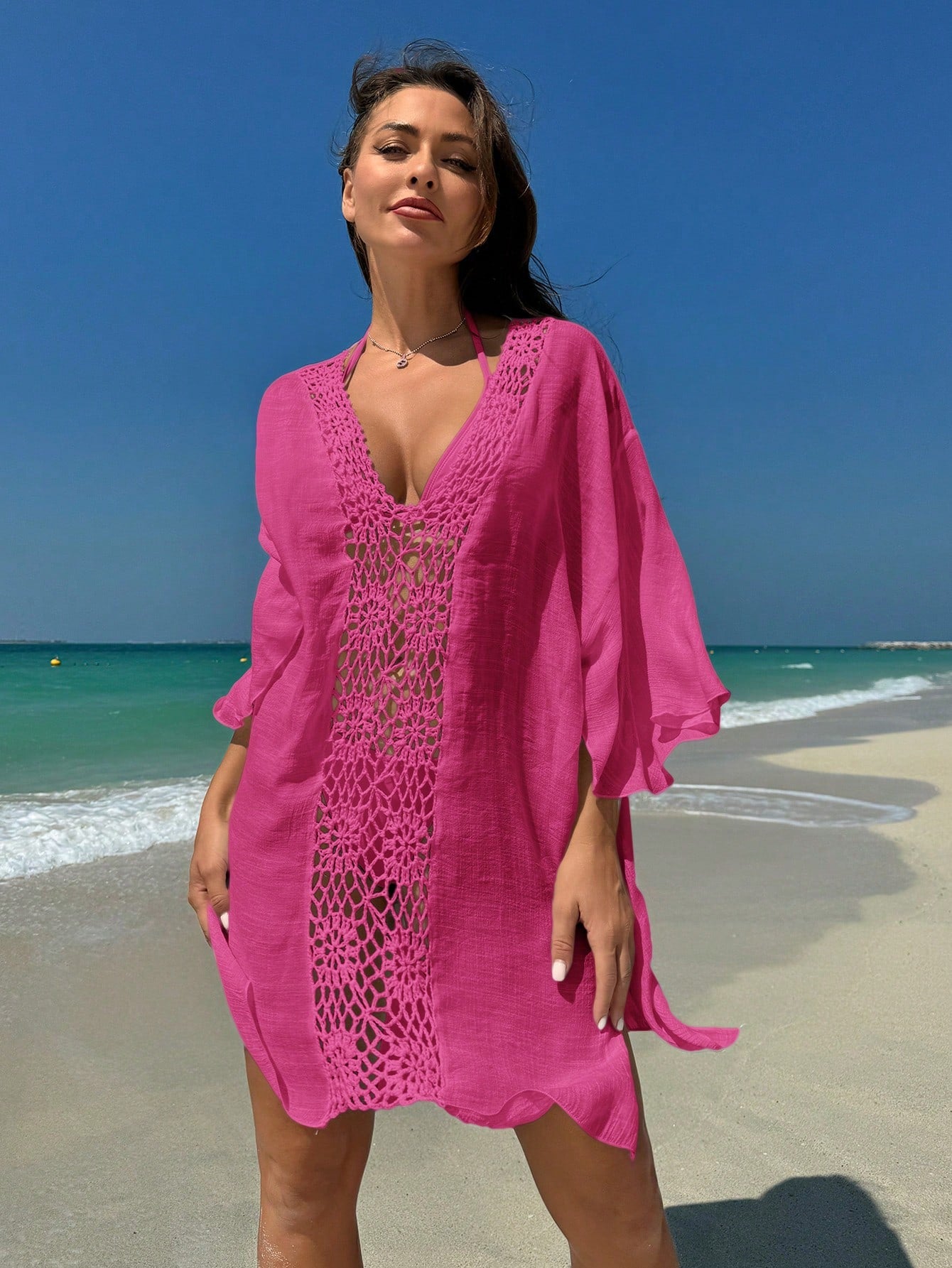 Summer Solid Color Hollow Out Patchwork Side Slit Beach Cover-Up