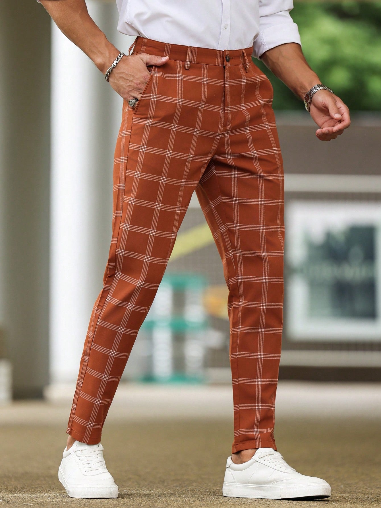 Men Plaid Straight-Legged Daily Casual Commute Suit Pants With Pockets