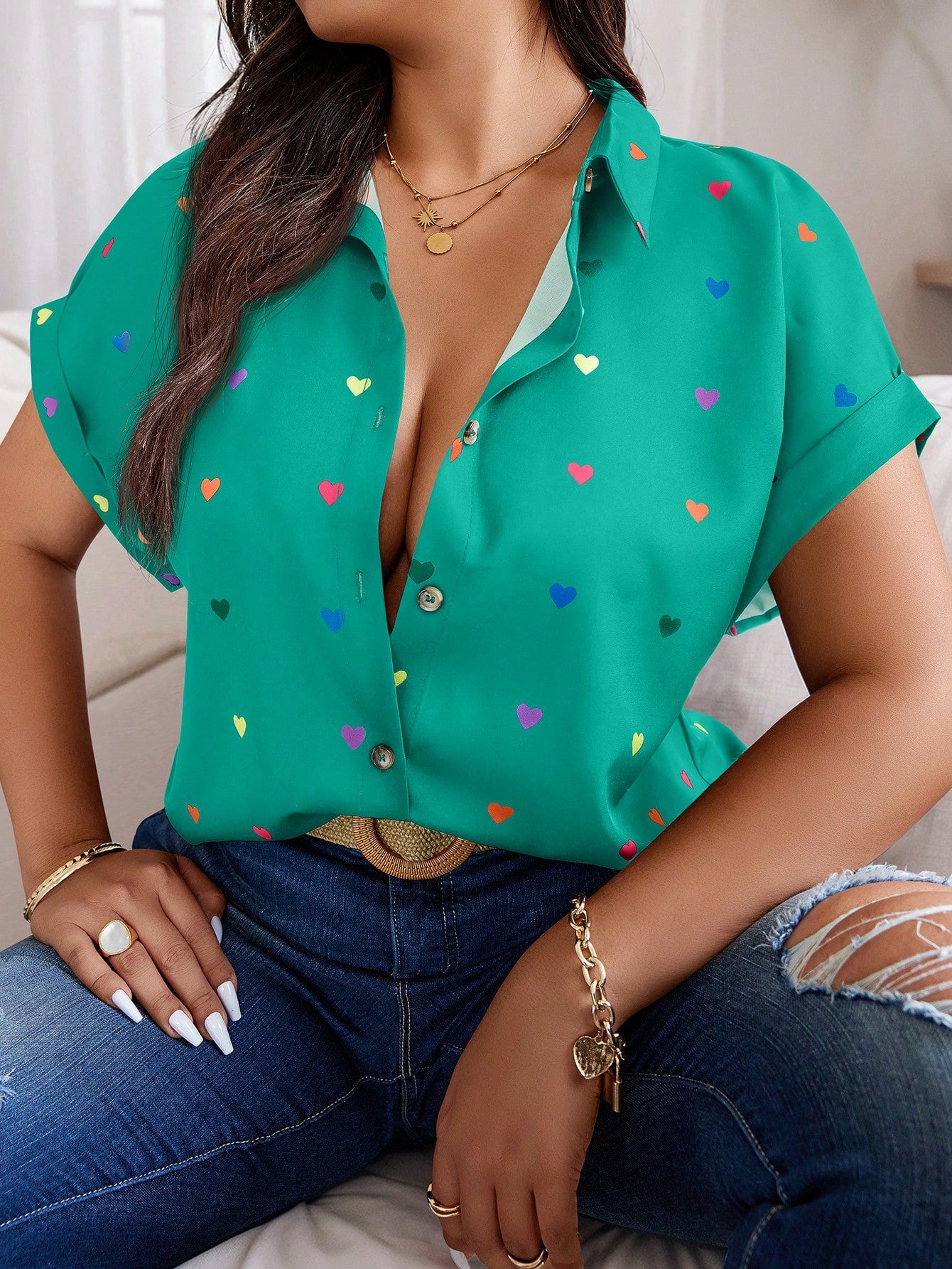 Plus Size Summer Casual Random Heart Print Button-Front Shirt