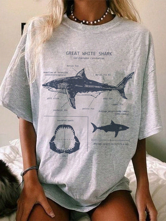 Plus Oversized Short Sleeve T-Shirt, Casual Simple Design With Round Neck, Loose Fit, Suitable For Summer GREAT WHITE SHARK