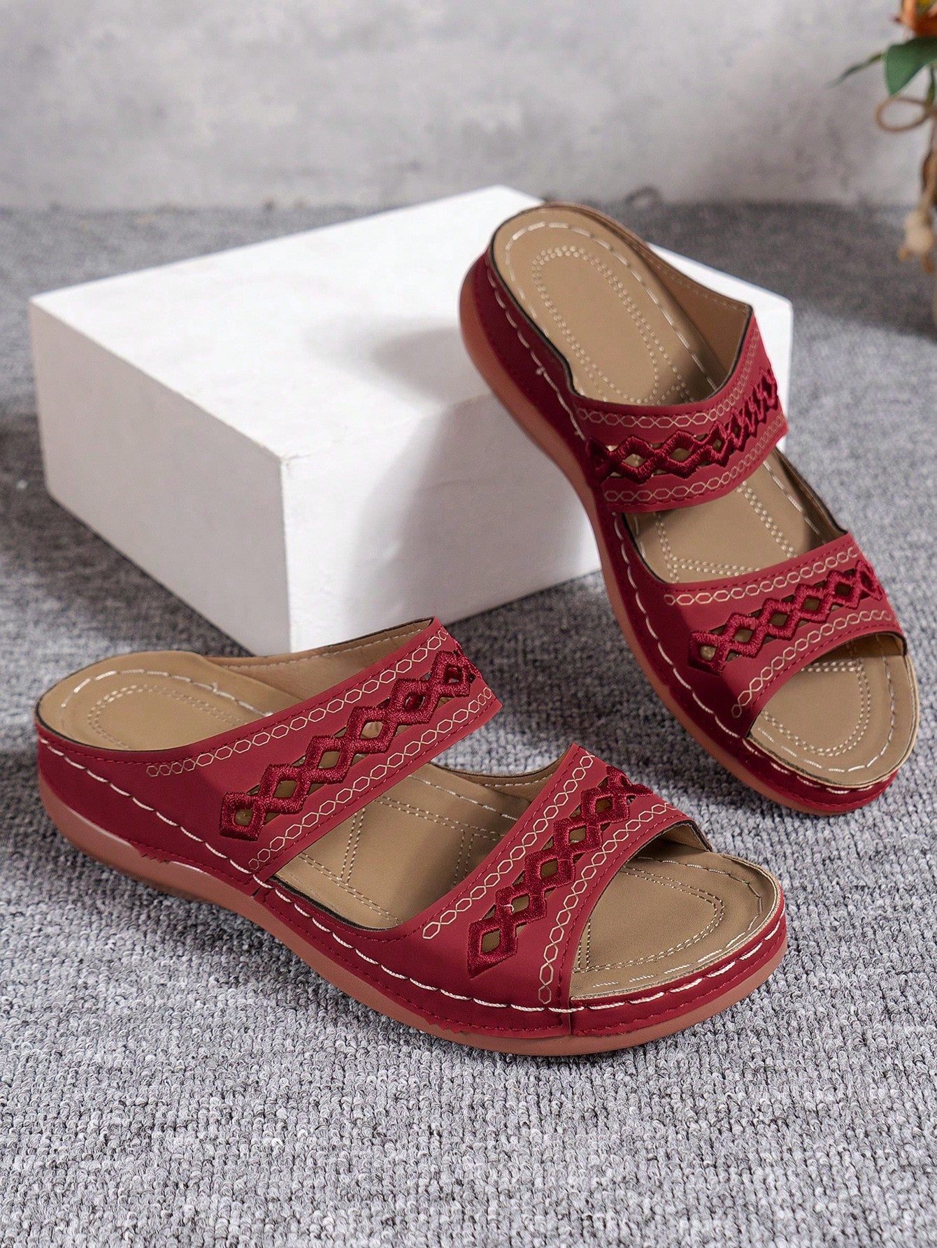 New Summer Hollow Out Flower Embroidery Wedge Sandals For Women. Ideal For Outdoor Wear, With Roman Thick-Soled Platform, Soft Rounded Toe, Vintage & Creative Style And Fashionable & Versatile Design. Breathable And Perfect For A Trendy Look.