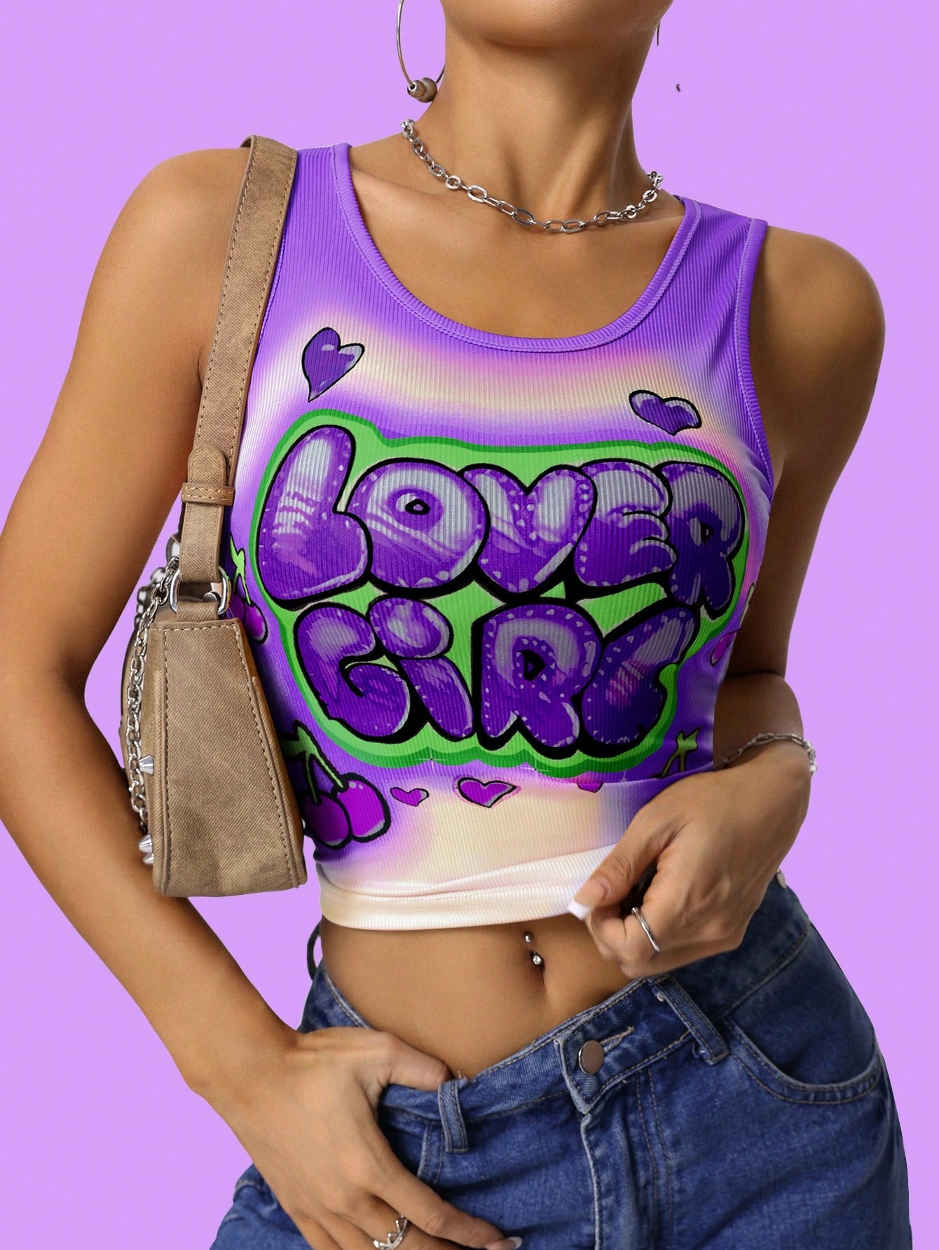 Plus Size Summer Y2K Loveheart Cherry & Letter Print Ombre Slim Fit Cropped Tank Top