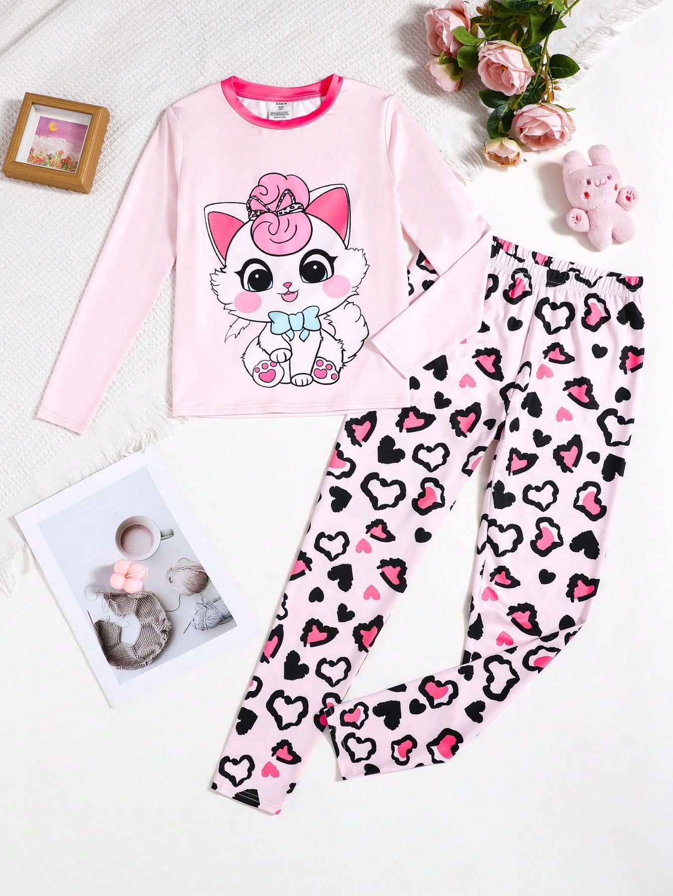 Tween Girl Heart & Butterfly Print Tee & Pants Snug Fit PJ Set