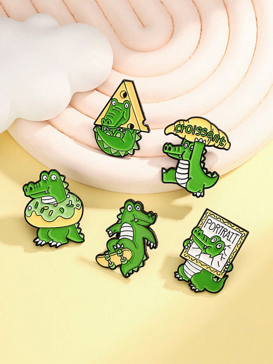 1pc Crocodile Family Enamel Pin With Donut, Cheese Croissant, Skateboarding And Oil Painting Crocodile Design