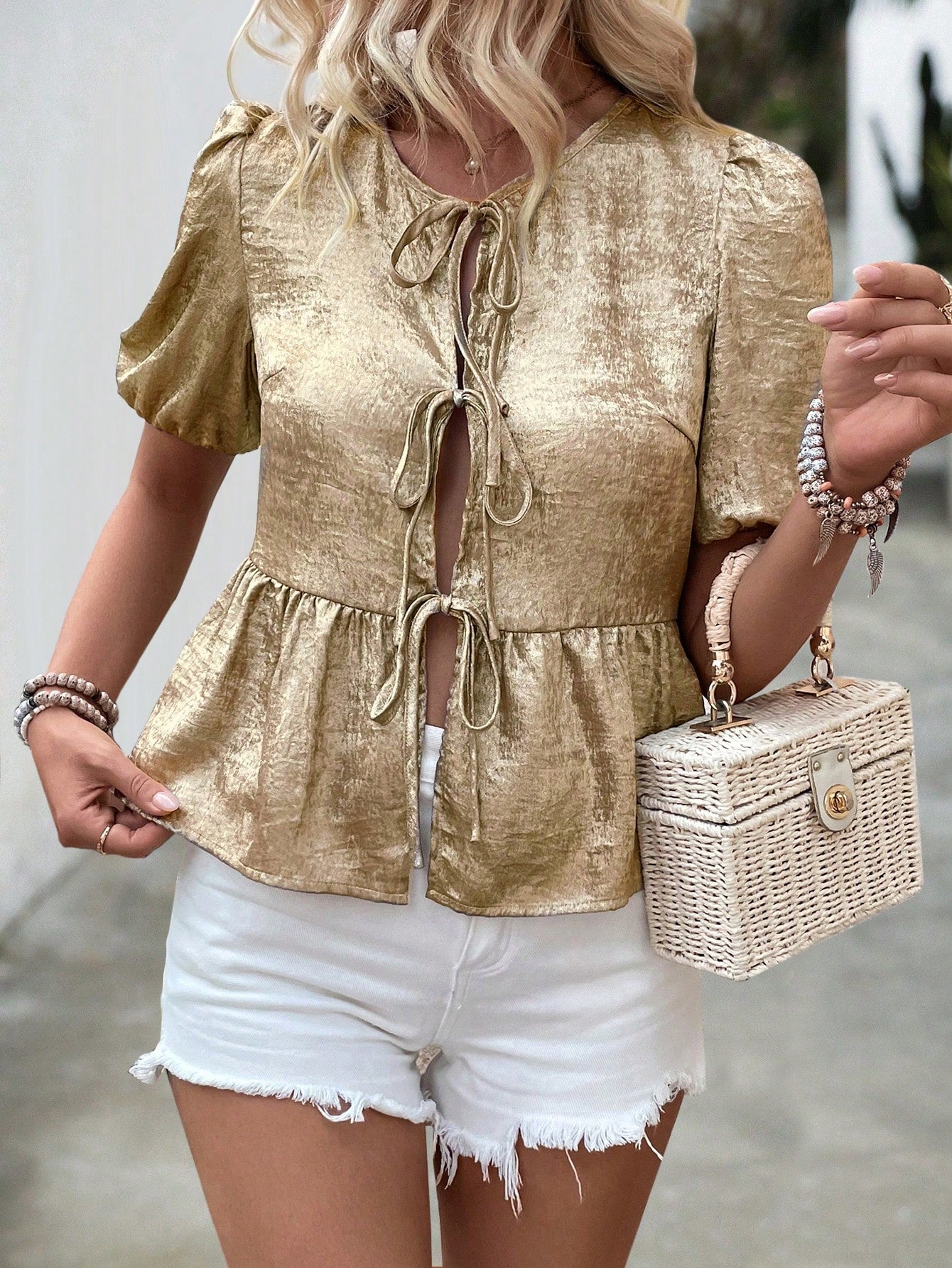 Women's Summer Solid Color Metal-Texture Front Tie Short Puff Sleeve Ruffled Hem Blouse