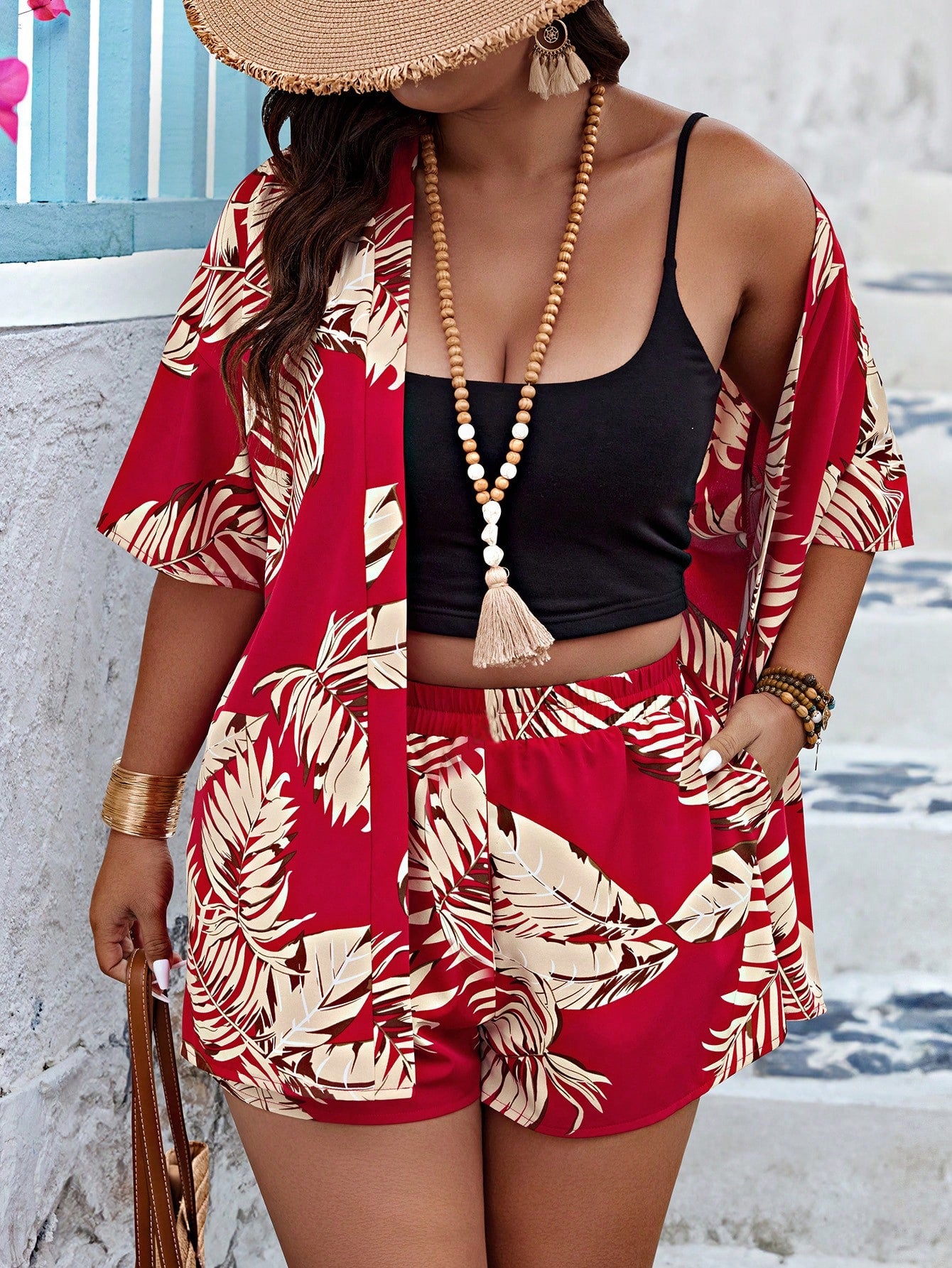 Plus Tropical Print Kimono & Shorts Without Cami Top