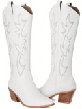 Mostrin Black Cowgirl Boots Women Knee High Cowboy Boots Embroidered Pointed Toe Chunky Heel Classic Tall Boot For Music Festival