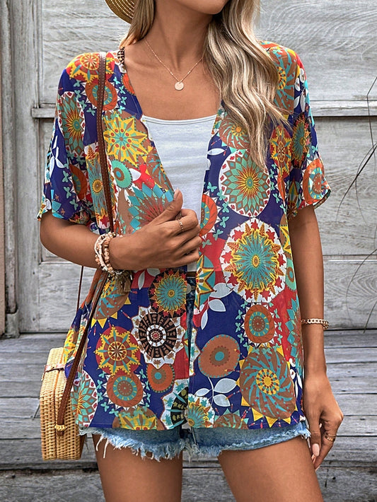 Casual Women's Fashionable  Floral Print Chiffon Kimono Top