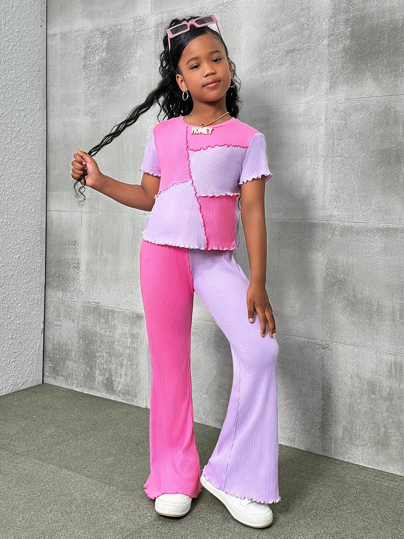 Tween Girls'  Irregular Colorblock Ribbed T-Shirt And Flared Pants Set, Sports Outfits