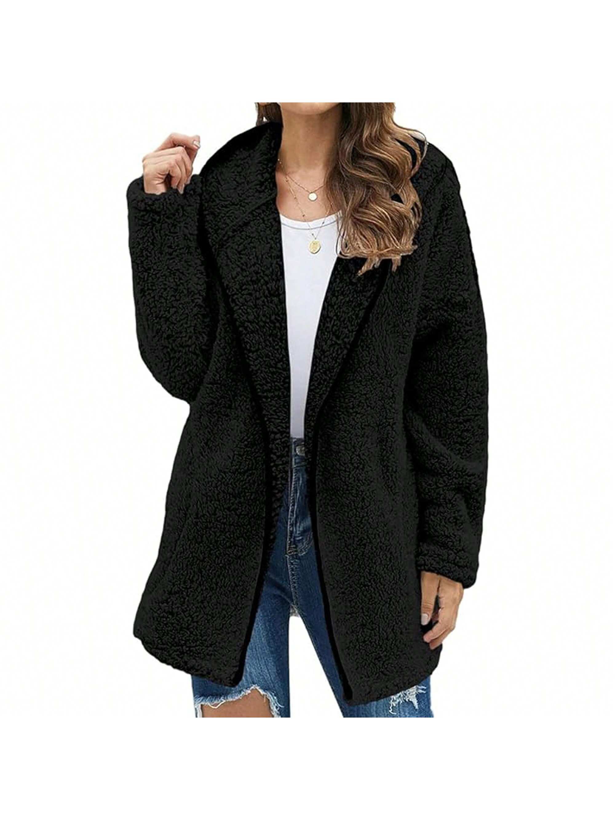 PiePieBuy Women Hooded Fuzzy Fleece Coat Solid Oversized Contrast Color Edging Winter Warm Fur Jacket Outerwear