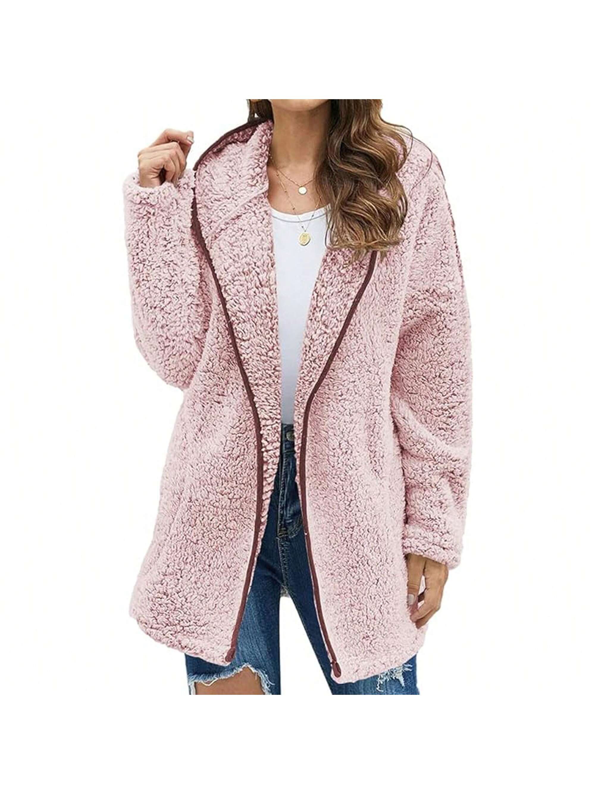 PiePieBuy Women Hooded Fuzzy Fleece Coat Solid Oversized Contrast Color Edging Winter Warm Fur Jacket Outerwear