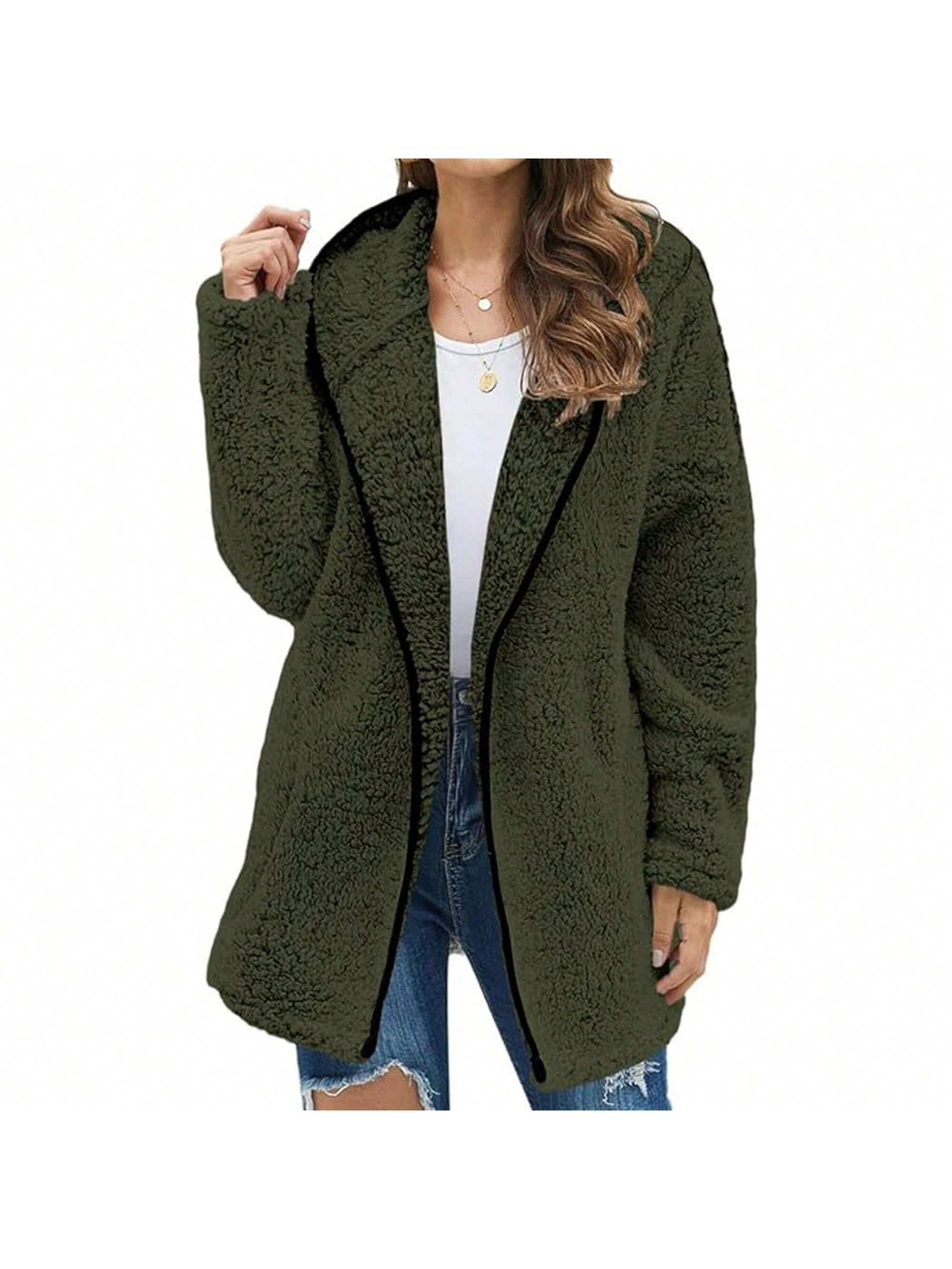 PiePieBuy Women Hooded Fuzzy Fleece Coat Solid Oversized Contrast Color Edging Winter Warm Fur Jacket Outerwear