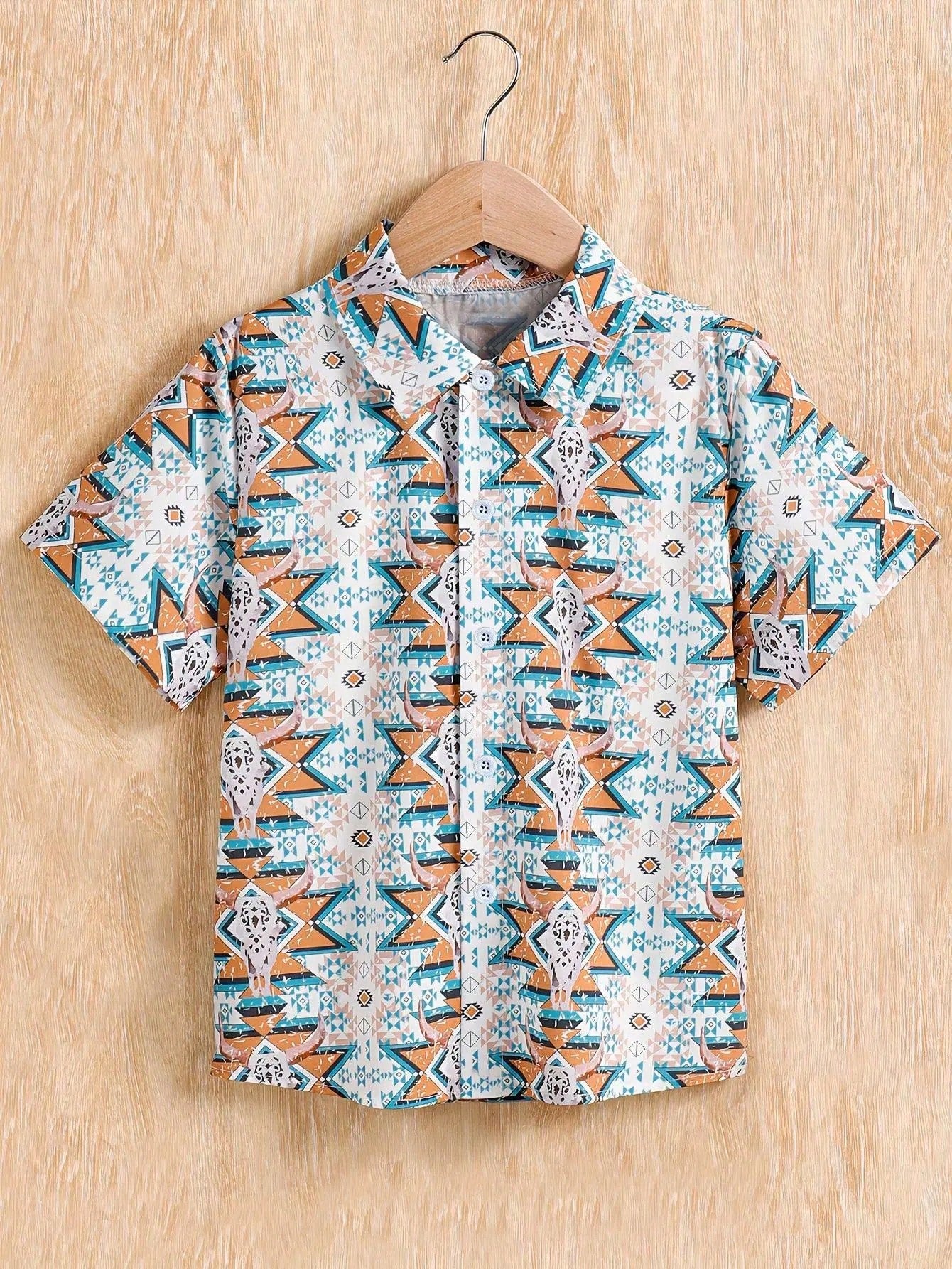 Boys'/Teens' Geometric Unique Pattern Print Loose Fit Shirt With Turn-Down Collar, Suitable For Spring/Summer/Autumn