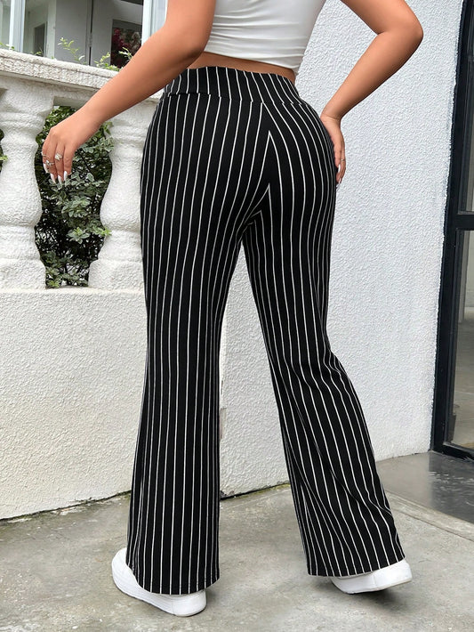 Plus Size Women's Black Striped Knitted High Waist Flared Pants