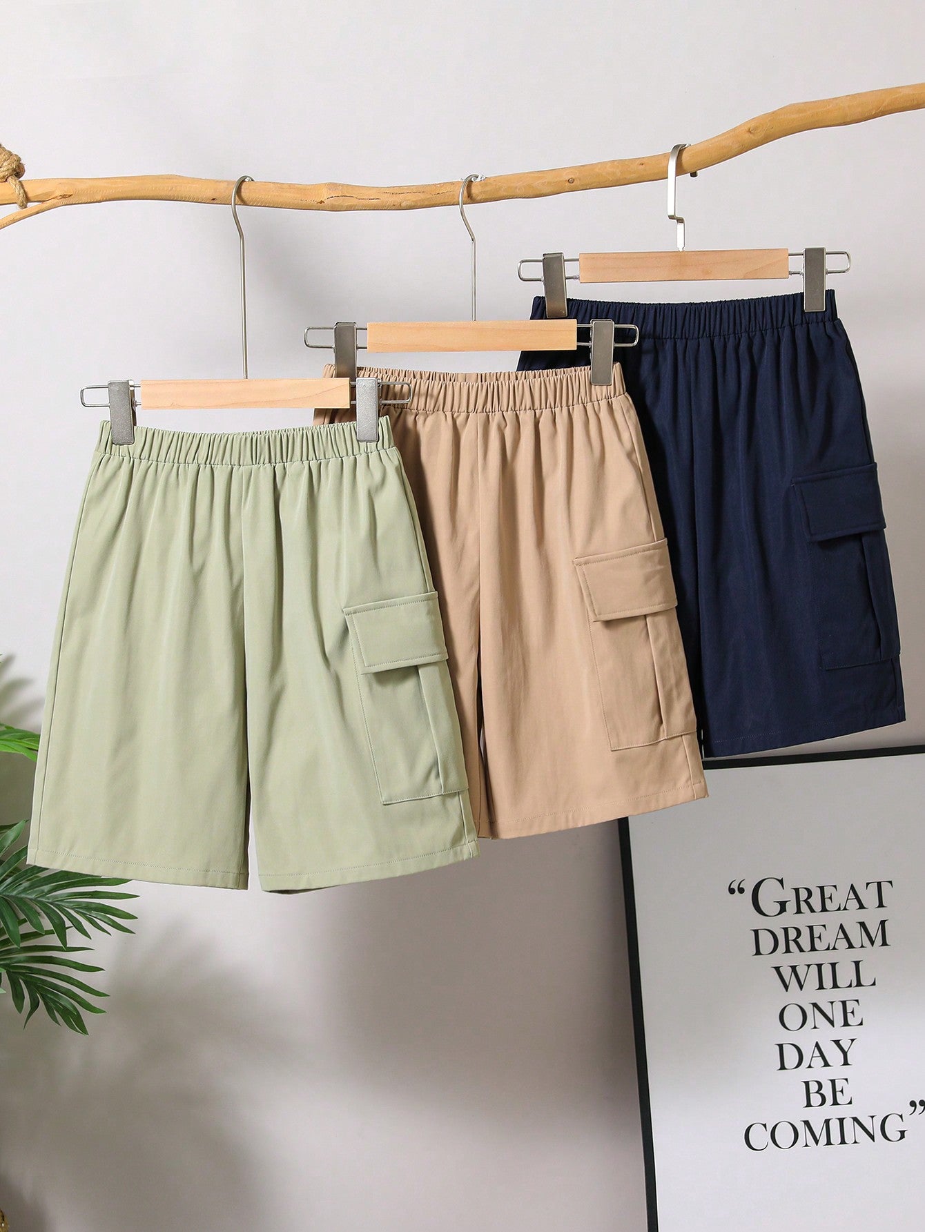 3pcs/Set Loose Fit Academy Style Woven Cargo Shorts For Tween Boys